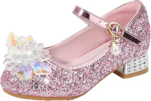 Rhinestones Flower Shoes for Girls Low Heel Dress Shoes Big Kids Sparkl Mary Jane Flats for Wedding Party Prom