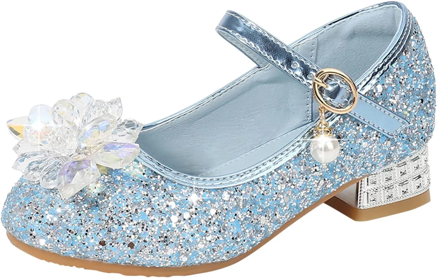 Rhinestones Flower Shoes for Girls Low Heel Dress Shoes Big Kids Sparkl Mary Jane Flats for Wedding Party Prom