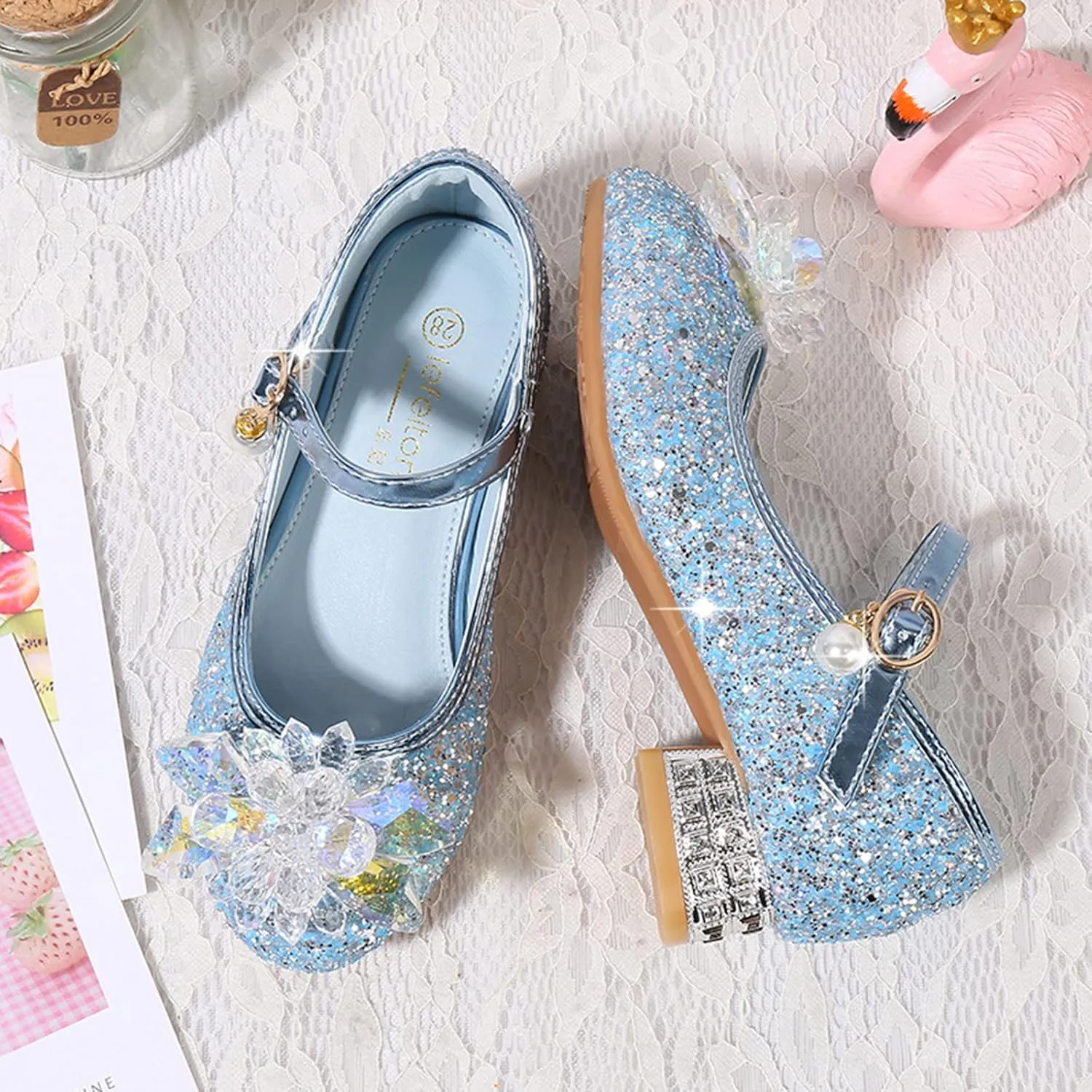 Rhinestones Flower Shoes for Girls Low Heel Dress Shoes Big Kids Sparkl Mary Jane Flats for Wedding Party Prom