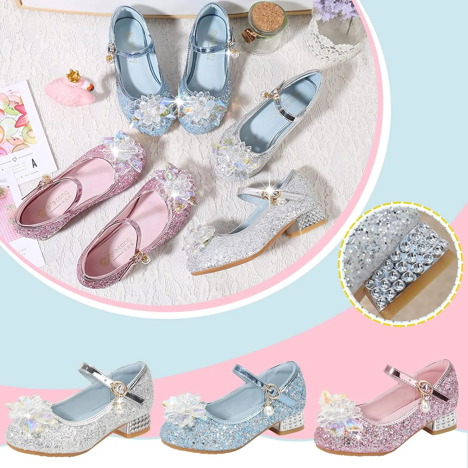 Rhinestones Flower Shoes for Girls Low Heel Dress Shoes Big Kids Sparkl Mary Jane Flats for Wedding Party Prom