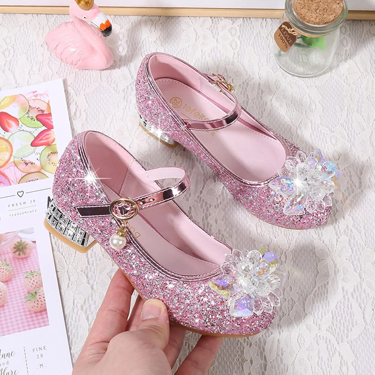 Rhinestones Flower Shoes for Girls Low Heel Dress Shoes Big Kids Sparkl Mary Jane Flats for Wedding Party Prom