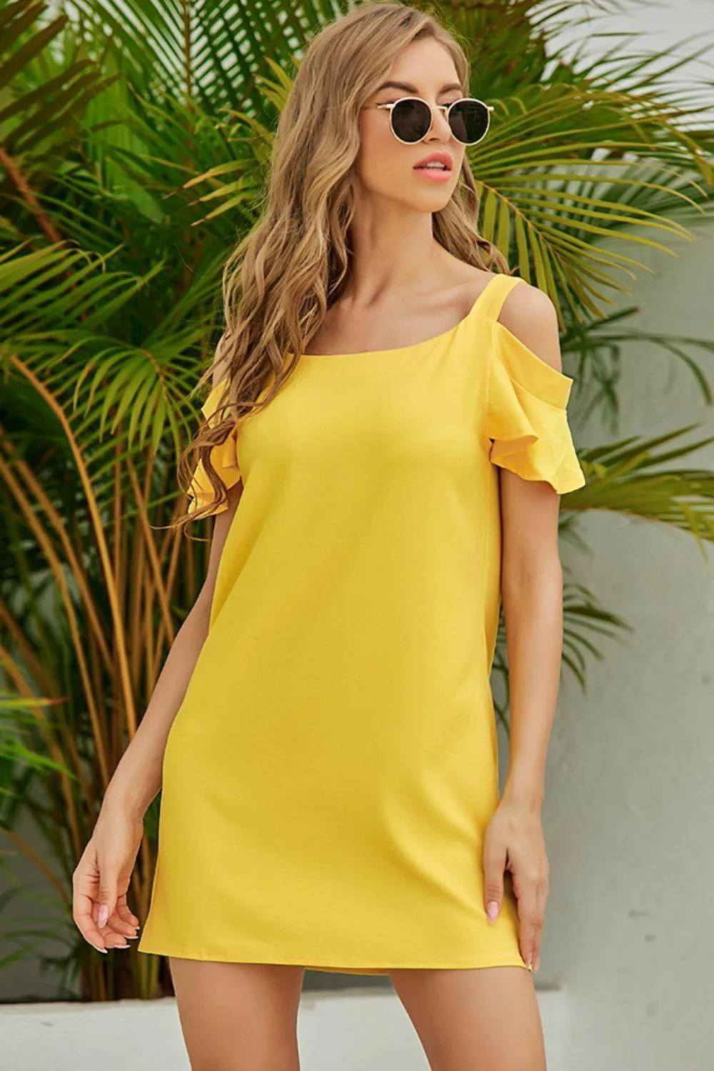 Shine Like The Sun Cold-Shoulder Yellow Mini Dress
