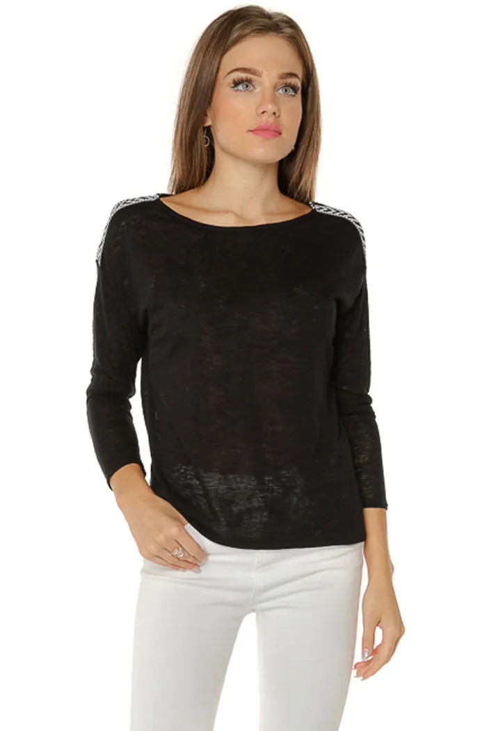 Shoulder Patch Knit Top- Black