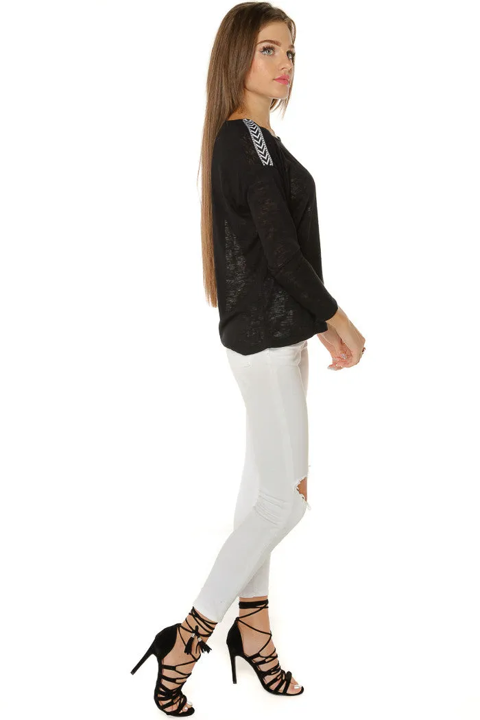 Shoulder Patch Knit Top- Black