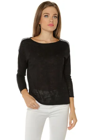 Shoulder Patch Knit Top- Black