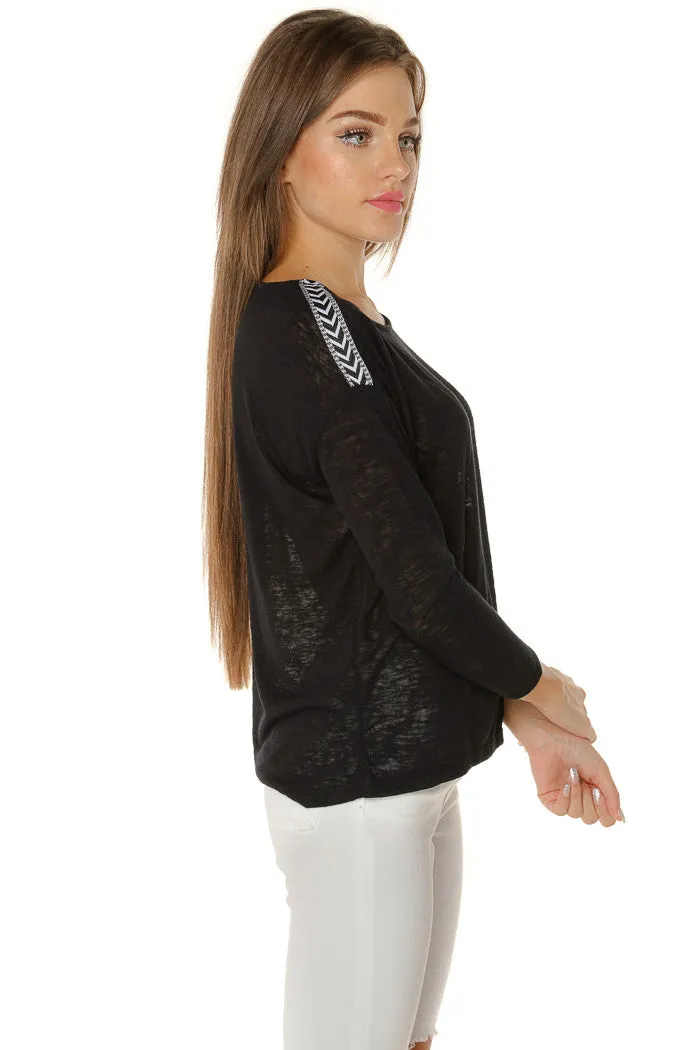 Shoulder Patch Knit Top- Black