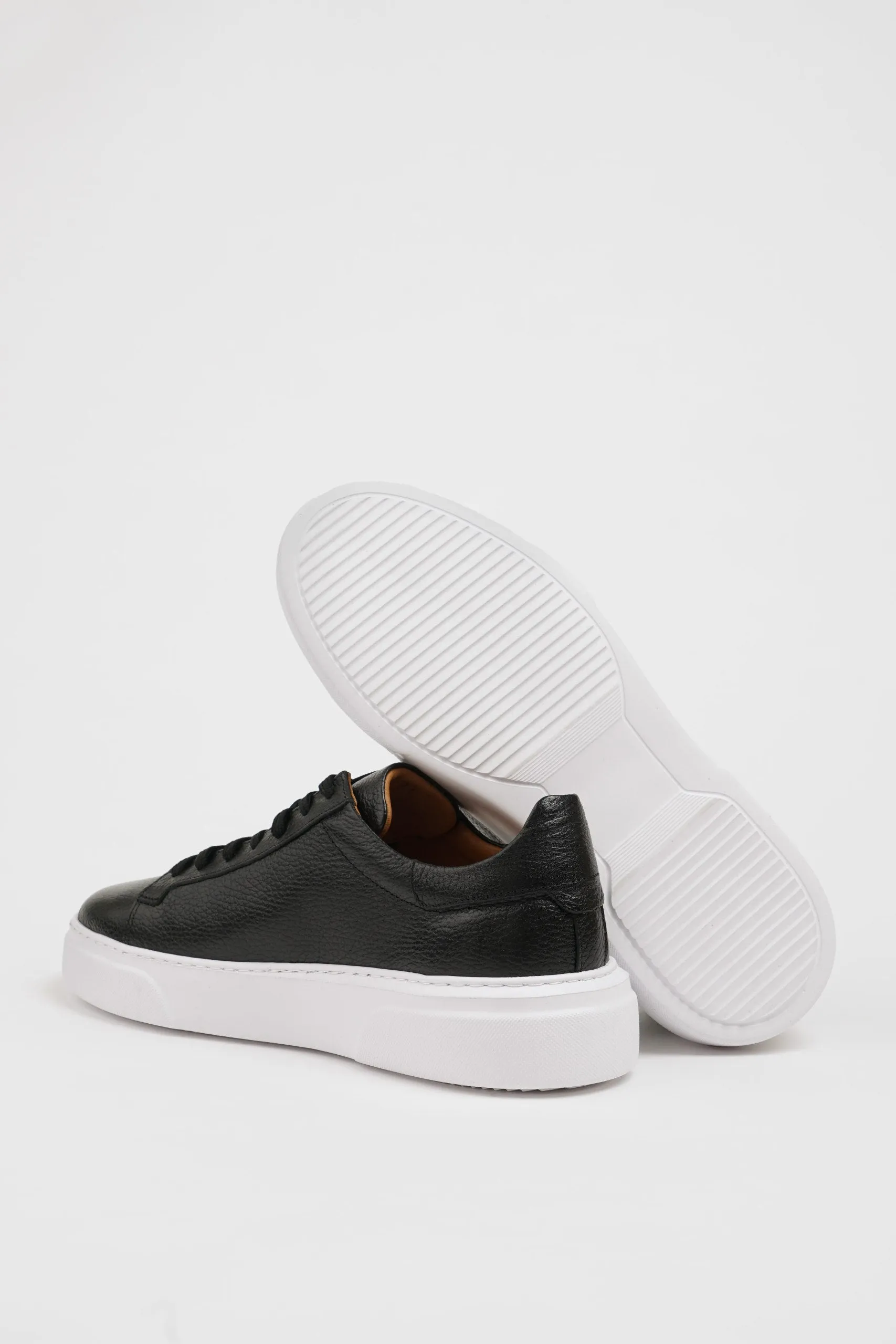 Sleek Traveler Black Leather Sneakers with White Sole