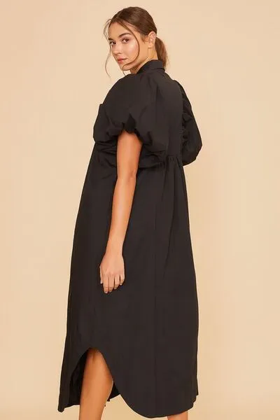 Smocked Puff Sleeve Midi Dress In Black