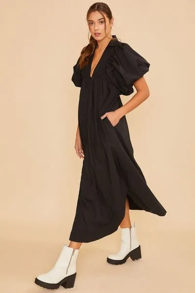 Smocked Puff Sleeve Midi Dress In Black