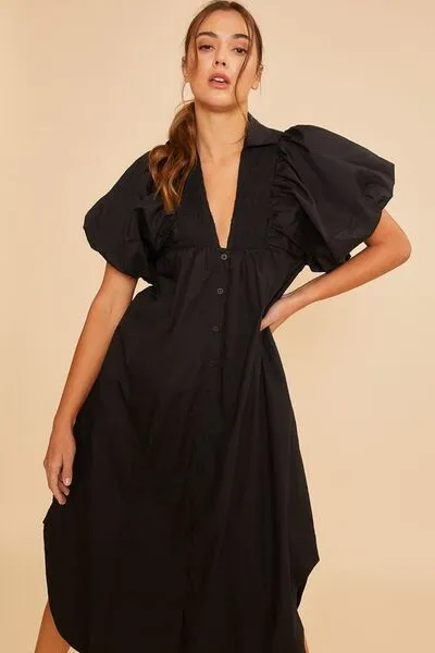 Smocked Puff Sleeve Midi Dress In Black