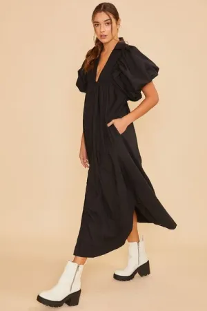 Smocked Puff Sleeve Midi Dress In Black