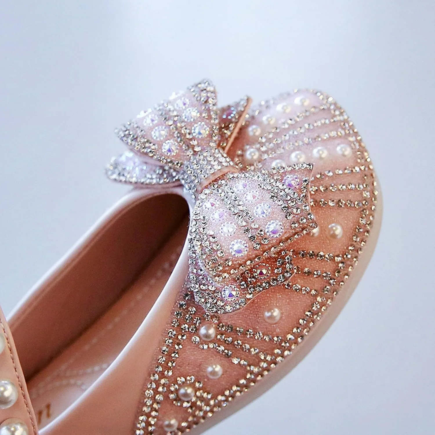 Toddler Girl Mary Jane Ballet Flats with Rhinstones Pearls Bow Flower Girl Dress Shoes Wedding Party Girls Shoes