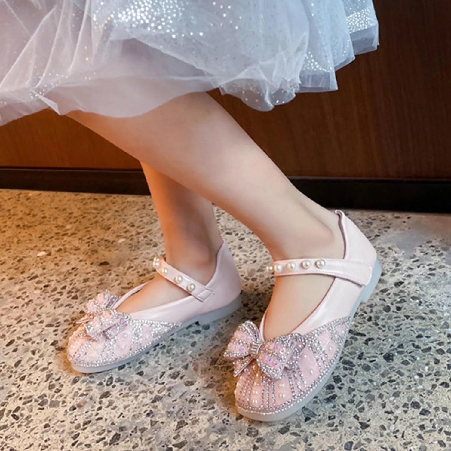Toddler Girl Mary Jane Ballet Flats with Rhinstones Pearls Bow Flower Girl Dress Shoes Wedding Party Girls Shoes