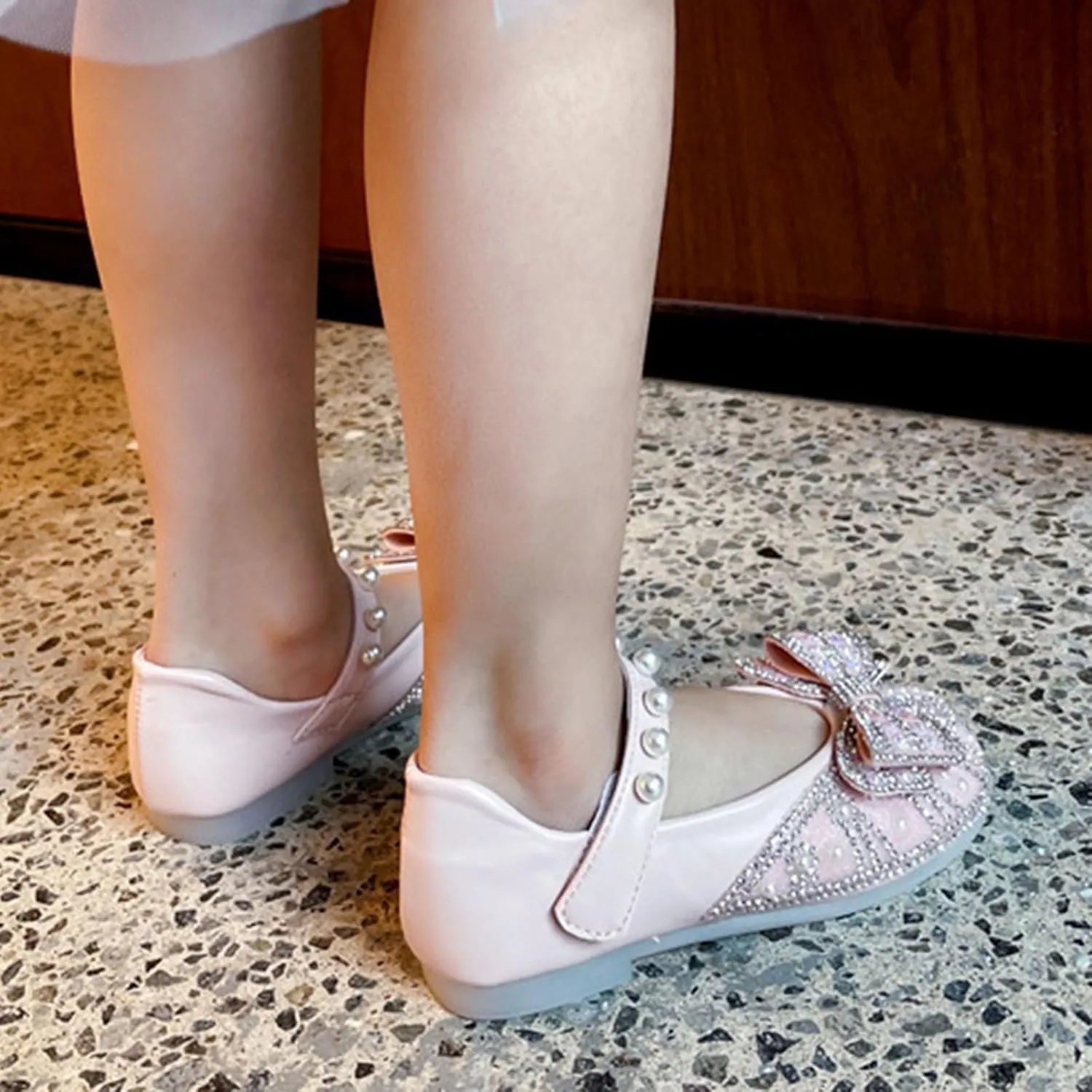 Toddler Girl Mary Jane Ballet Flats with Rhinstones Pearls Bow Flower Girl Dress Shoes Wedding Party Girls Shoes