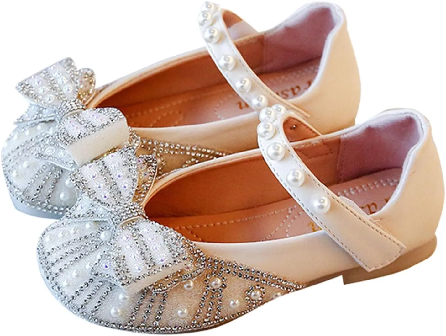 Toddler Girl Mary Jane Ballet Flats with Rhinstones Pearls Bow Flower Girl Dress Shoes Wedding Party Girls Shoes