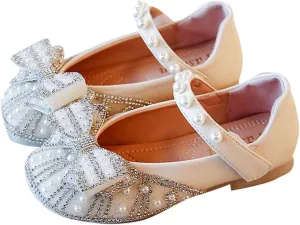 Toddler Girl Mary Jane Ballet Flats with Rhinstones Pearls Bow Flower Girl Dress Shoes Wedding Party Girls Shoes