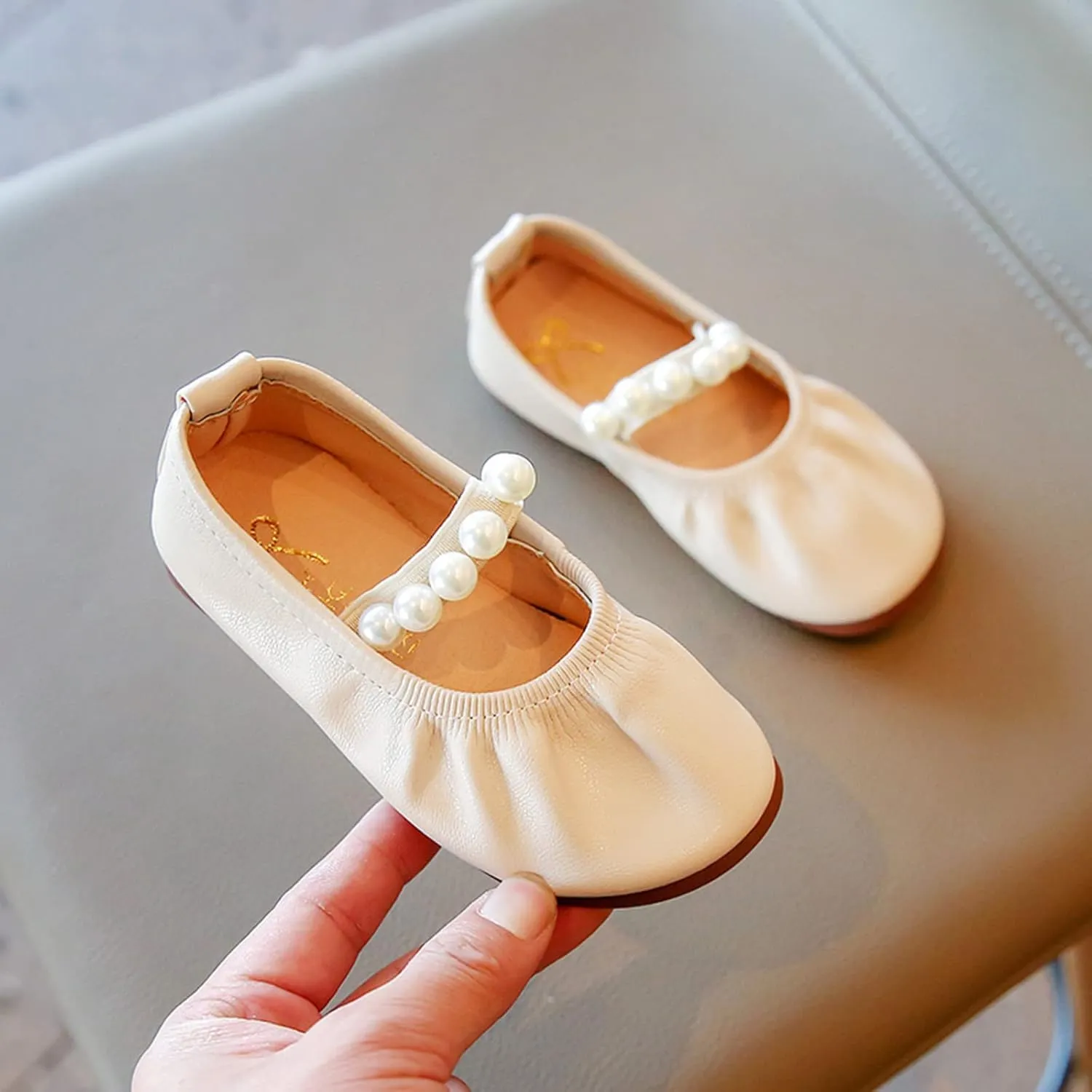 Toddler Kids Girls Mary-Jane Dress Shoes Front Pearl Bow Ballerina Flats Princess Wedding Party School Shoes 1-11 Years