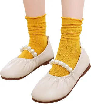 Toddler Kids Girls Mary-Jane Dress Shoes Front Pearl Bow Ballerina Flats Princess Wedding Party School Shoes 1-11 Years