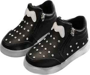Toddler Little Girls Boys LED Flashing Sneakers Leather Zipper Flat Short Boots Lightweight Sport Shoes for Kids