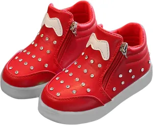 Toddler Little Girls Boys LED Flashing Sneakers Leather Zipper Flat Short Boots Lightweight Sport Shoes for Kids