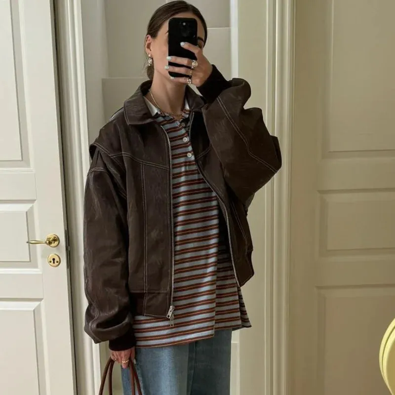 Vintage Contrast Stitch Lapel Long Sleeve Jacket
