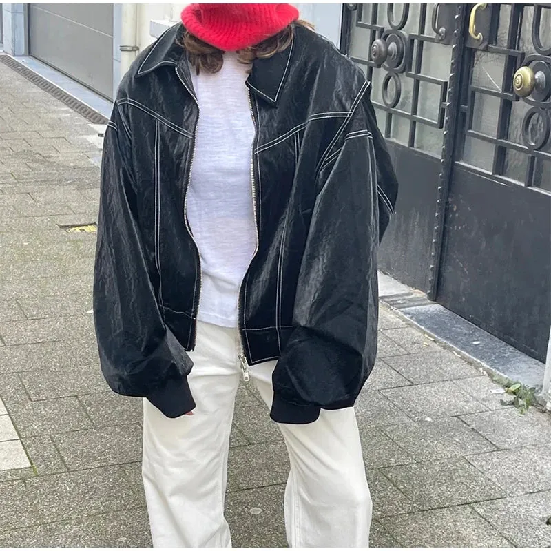Vintage Contrast Stitch Lapel Long Sleeve Jacket