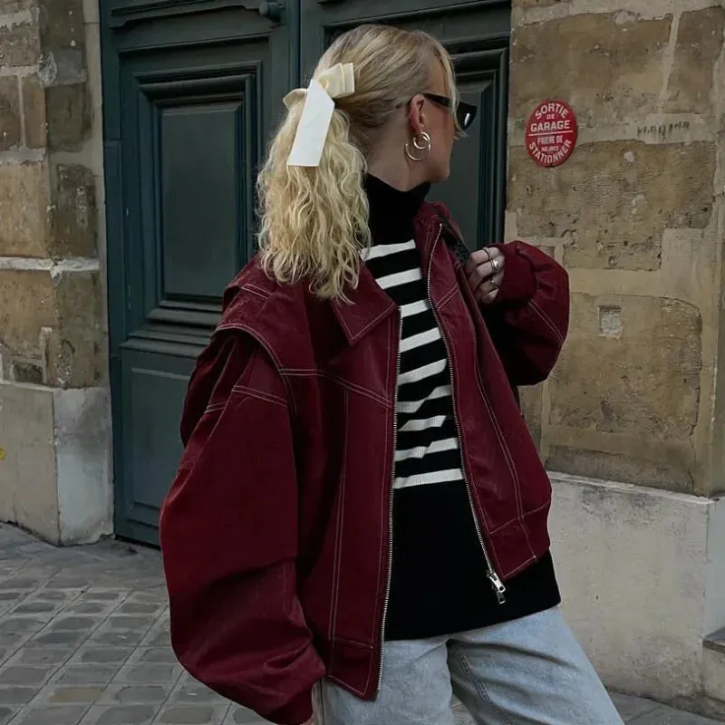 Vintage Contrast Stitch Lapel Long Sleeve Jacket