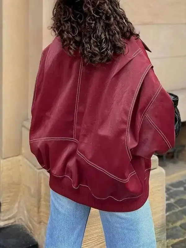 Vintage Contrast Stitch Lapel Long Sleeve Jacket