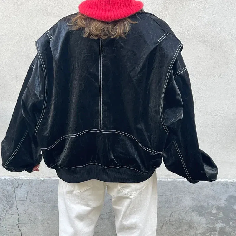 Vintage Contrast Stitch Lapel Long Sleeve Jacket