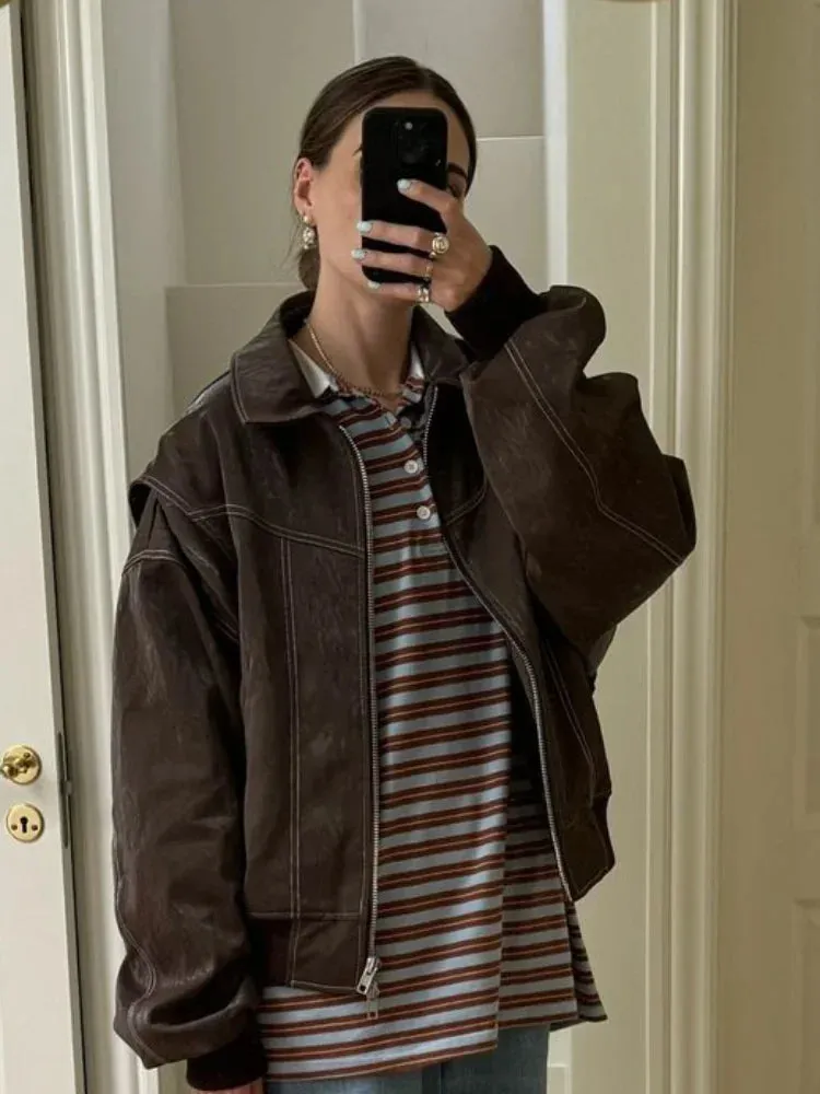 Vintage Contrast Stitch Lapel Long Sleeve Jacket