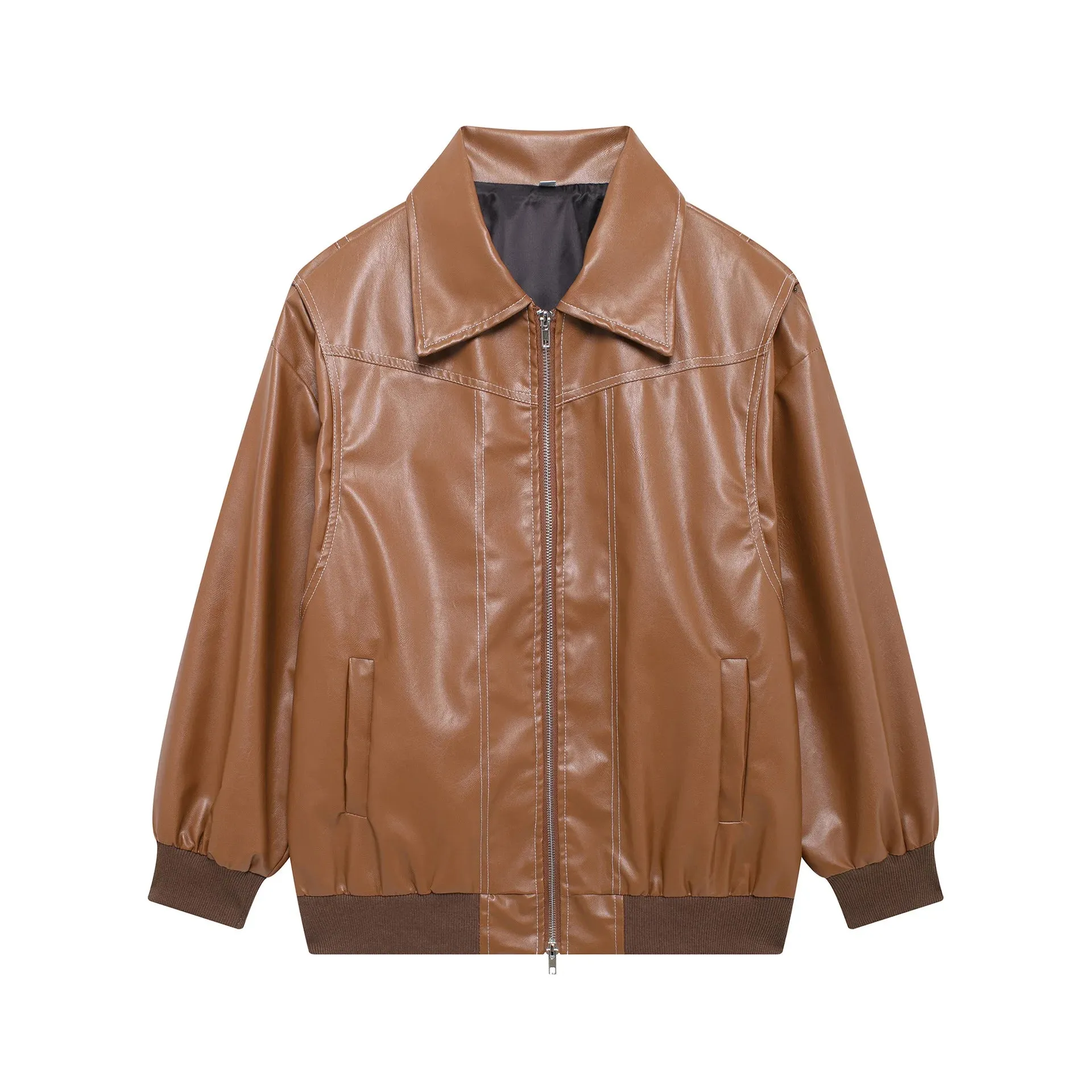 Vintage Contrast Stitch Lapel Long Sleeve Jacket