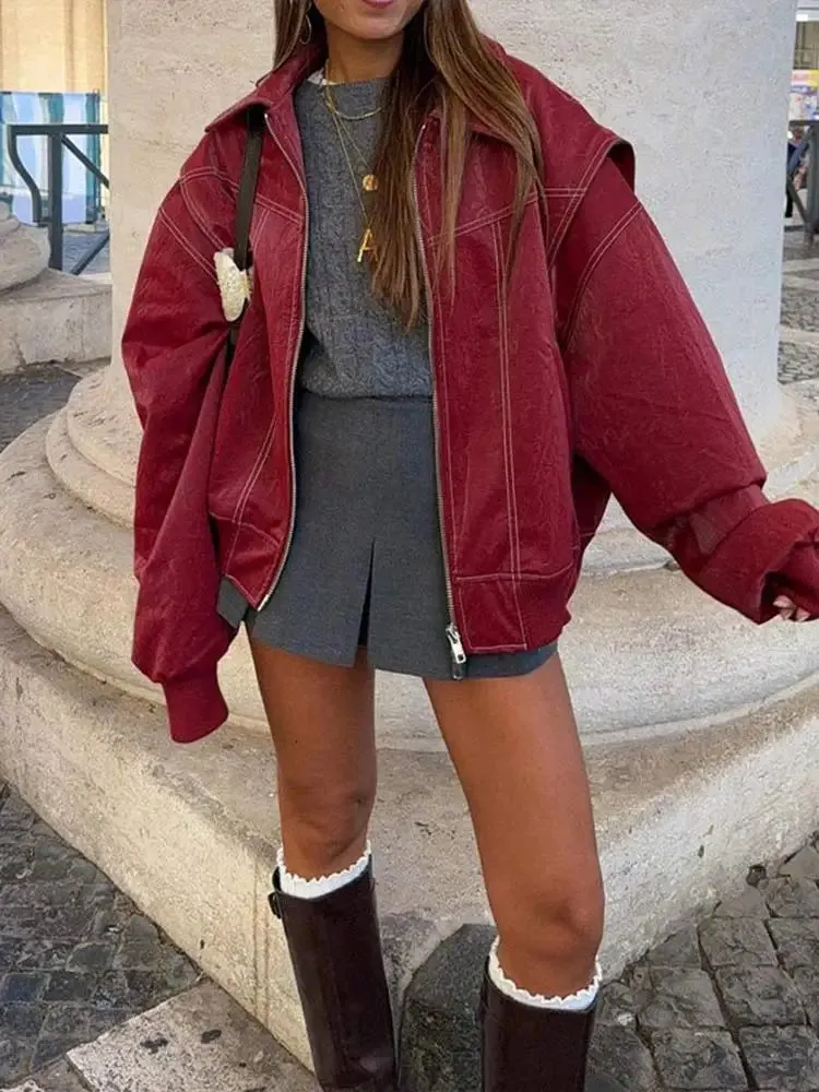 Vintage Contrast Stitch Lapel Long Sleeve Jacket