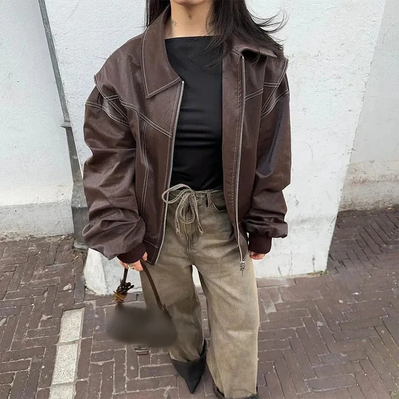 Vintage Contrast Stitch Lapel Long Sleeve Jacket