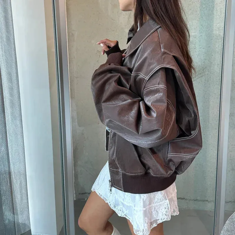 Vintage Contrast Stitch Lapel Long Sleeve Jacket