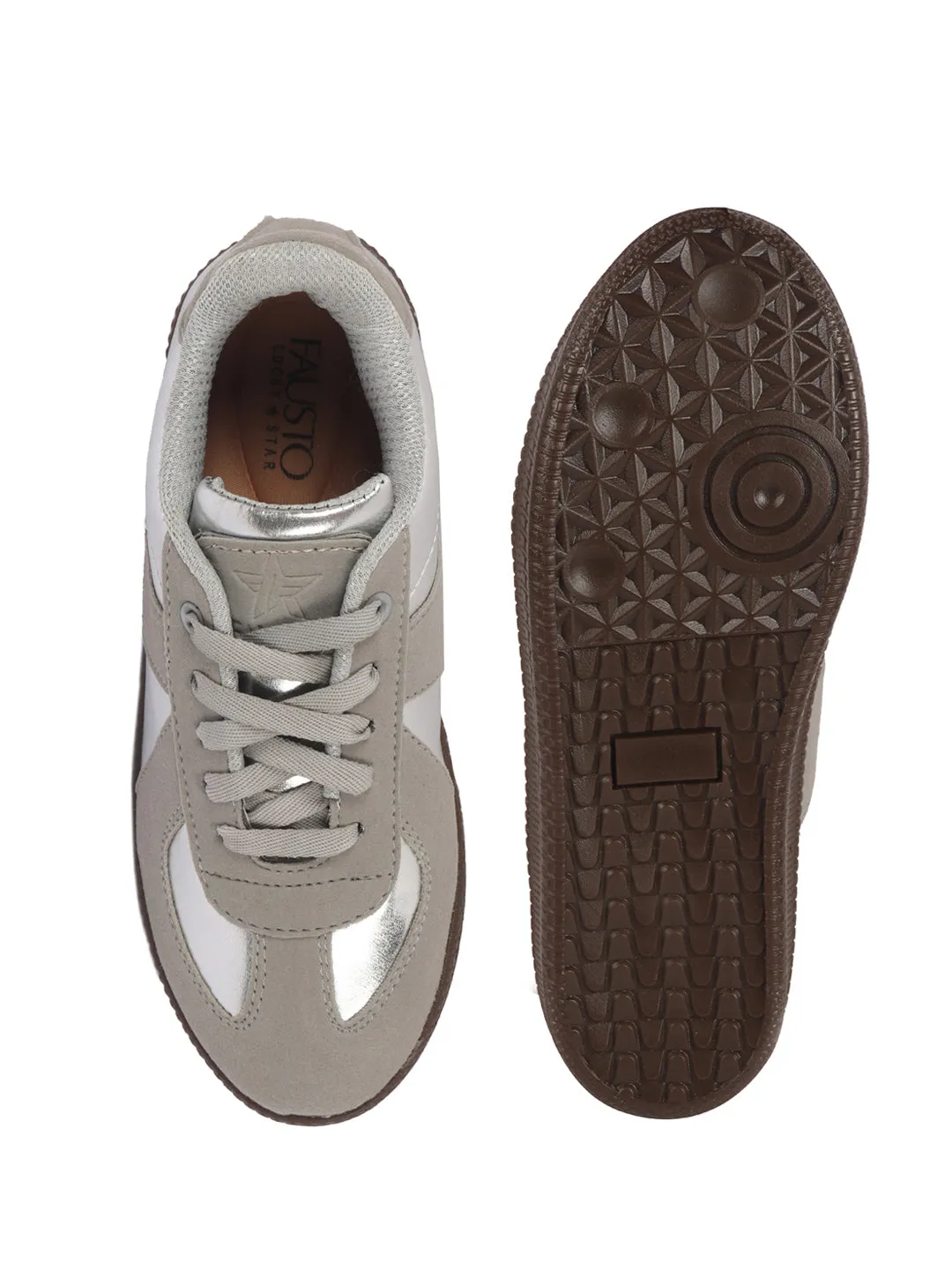 Women Grey Embellished Classic Lace-Up Casual Shoes|Memory Cushioned Comfortable Sneakers