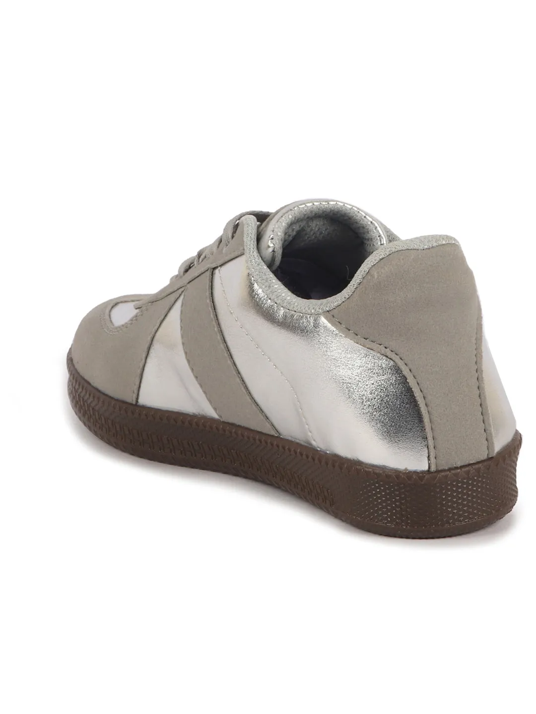 Women Grey Embellished Classic Lace-Up Casual Shoes|Memory Cushioned Comfortable Sneakers