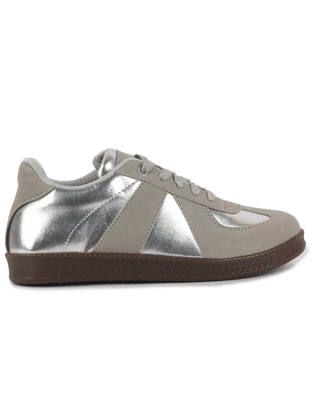 Women Grey Embellished Classic Lace-Up Casual Shoes|Memory Cushioned Comfortable Sneakers