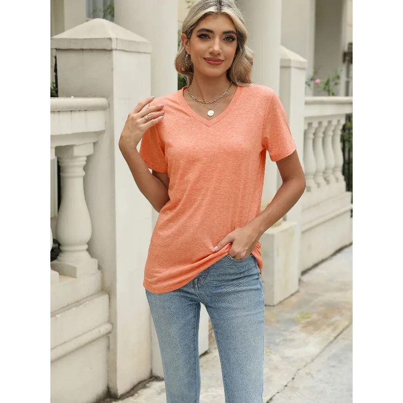 Women's Solid Color V-Neck Short Sleeve Top