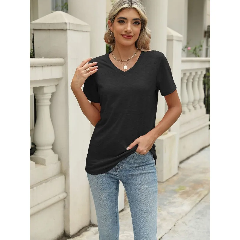 Women's Solid Color V-Neck Short Sleeve Top