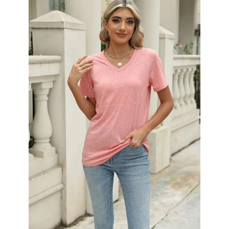 Women's Solid Color V-Neck Short Sleeve Top