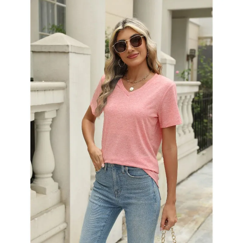 Women's Solid Color V-Neck Short Sleeve Top
