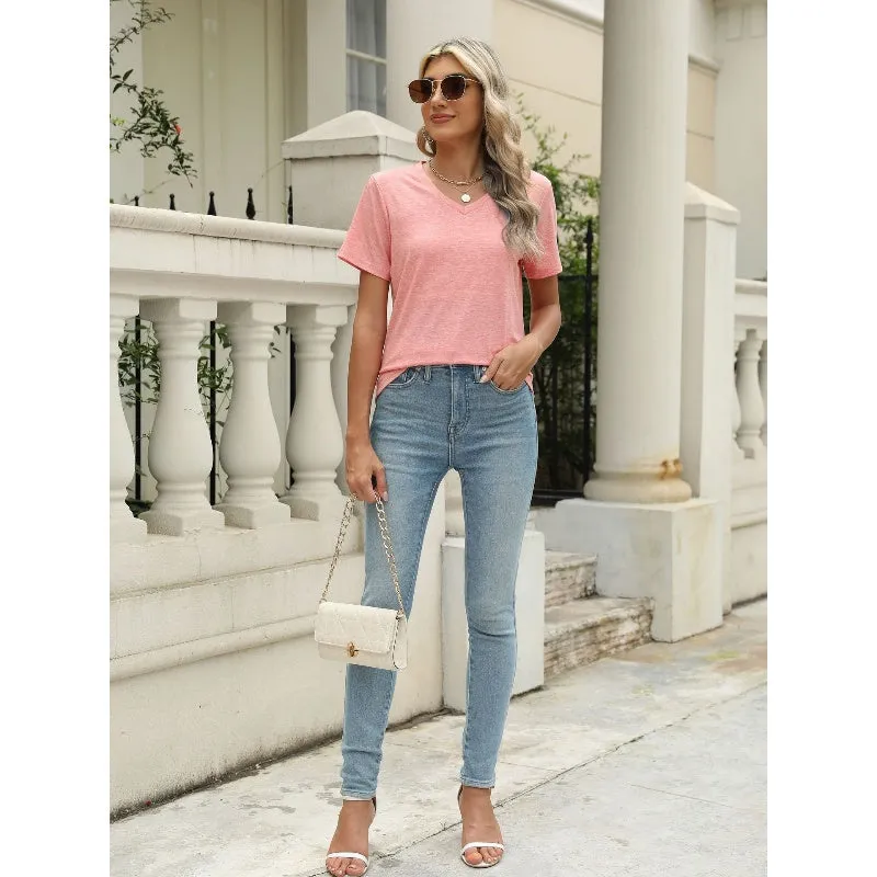 Women's Solid Color V-Neck Short Sleeve Top